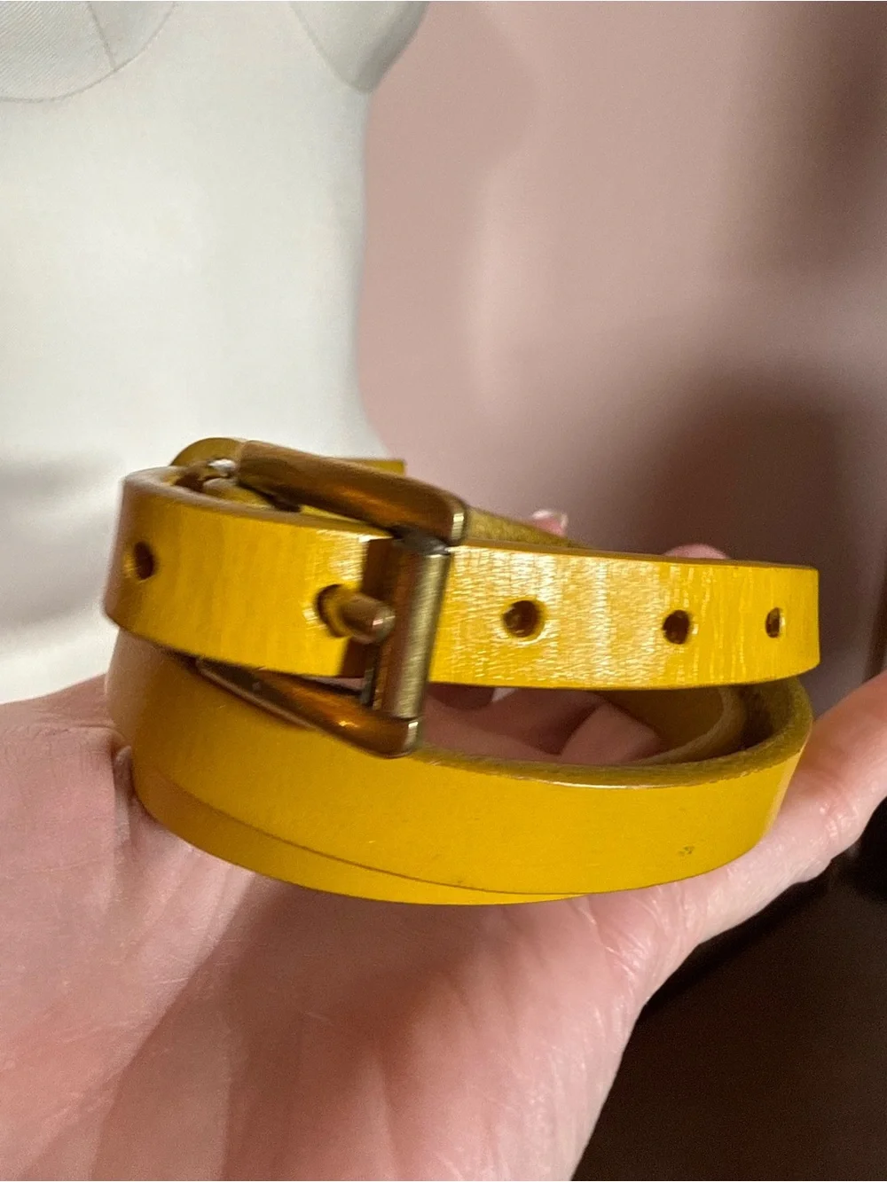 Vintage retro yellow leather minimalist ultra skinny Belt small medium